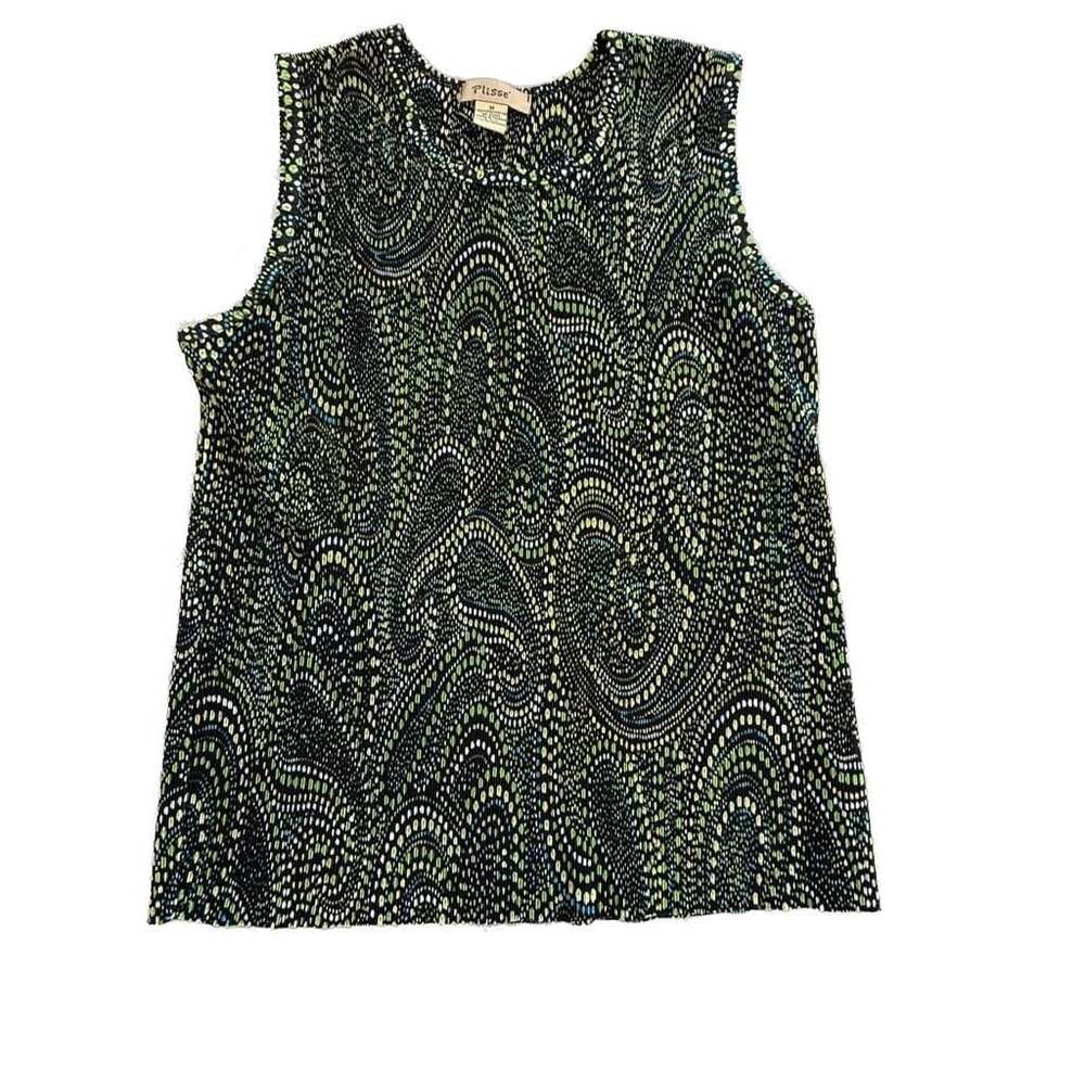 Vtg 90s Plissé Black Green Polka Dot Paisley Pleated Sleeveless Top Size Medium